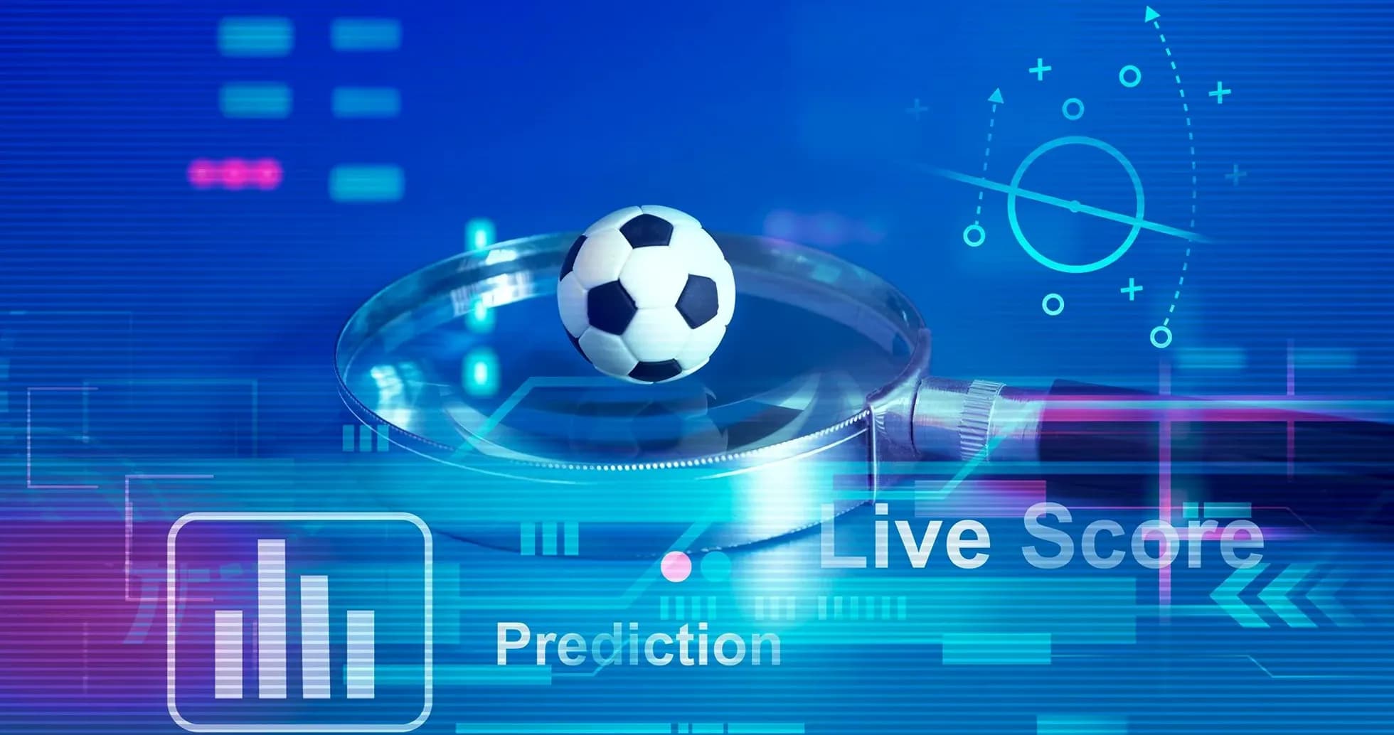 Soccer ball under magnifying glass with digital graphics