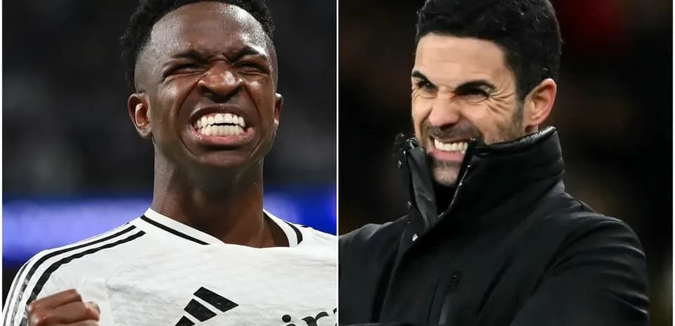 Vinicius Jr celebrating, Arteta reacting on the sidelines