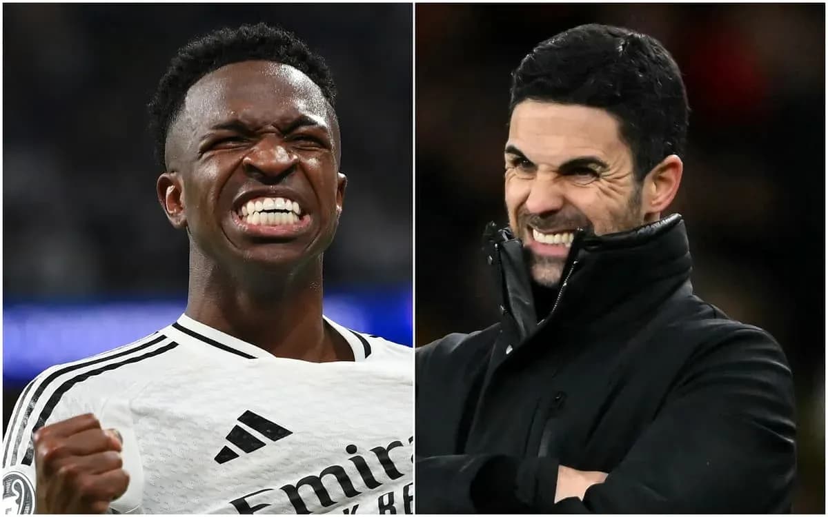 Vinicius Jr celebrating, Arteta reacting on the sidelines