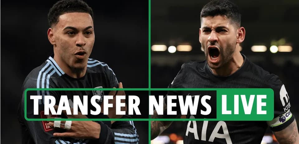 Two football players celebrating with 'Transfer News Live' banner