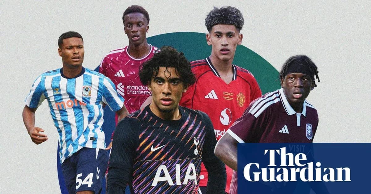 Five young football players in club jerseys