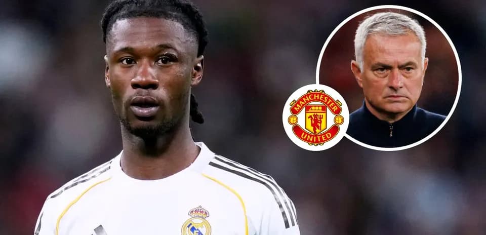 Player in Real Madrid kit with Manchester United logos