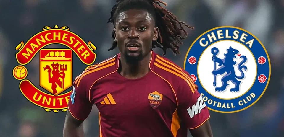 Player in Roma kit with Manchester United and Chelsea logos