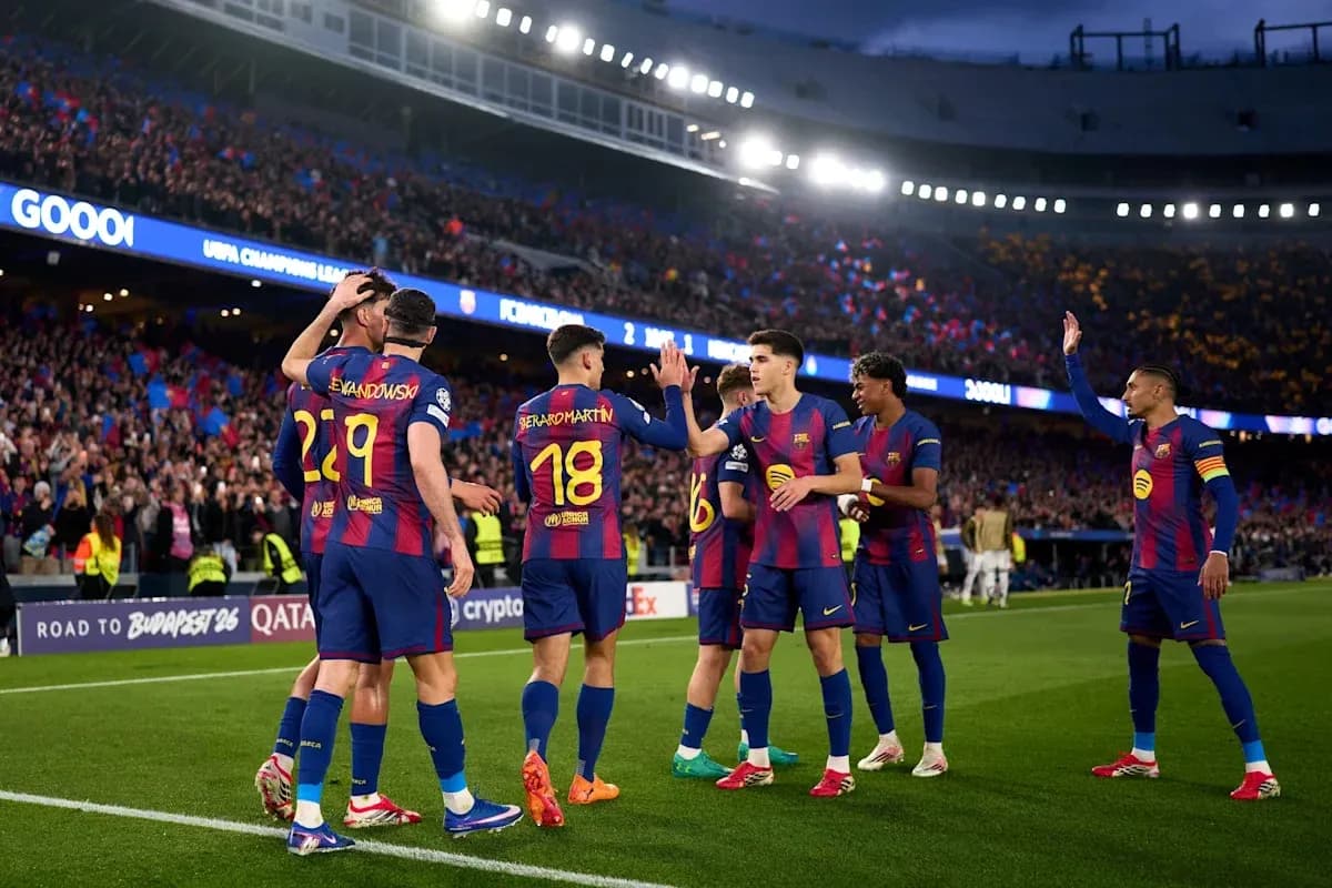 Barcelona players celebrating a goal in stadium