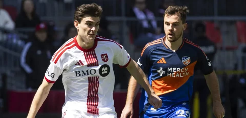 Toronto II player dribbling past FC Cincinnati II opponent