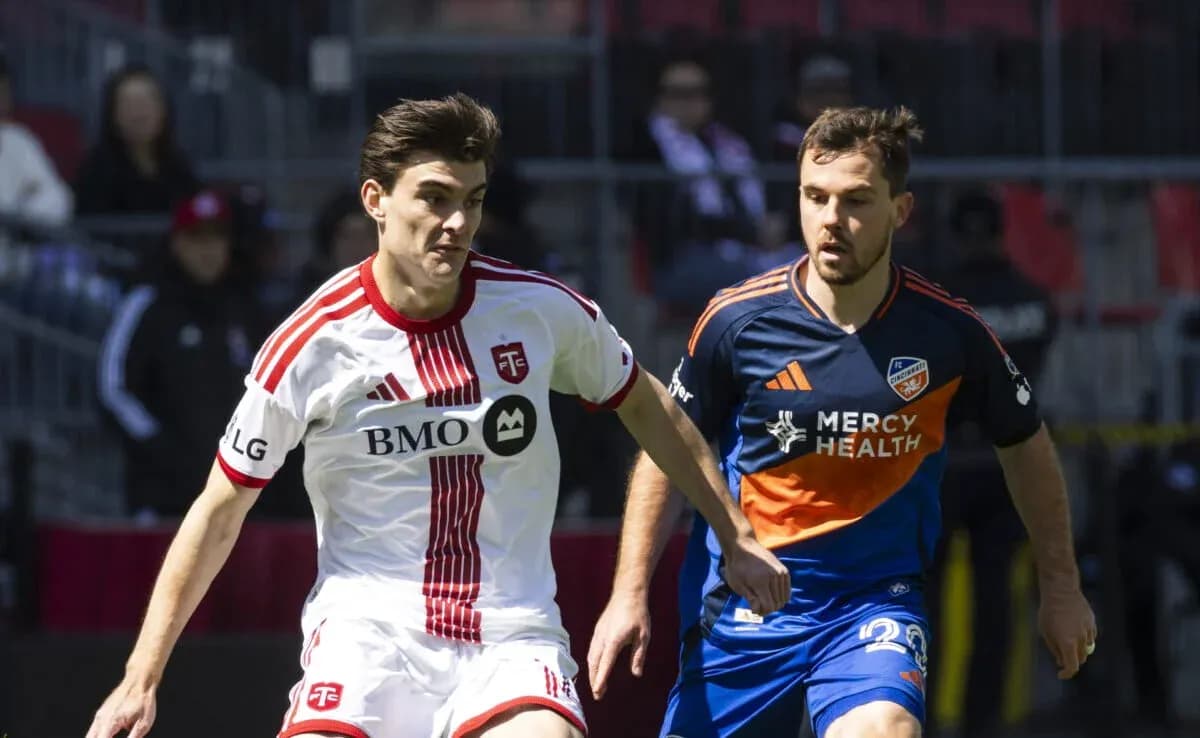 Toronto II player dribbling past FC Cincinnati II opponent