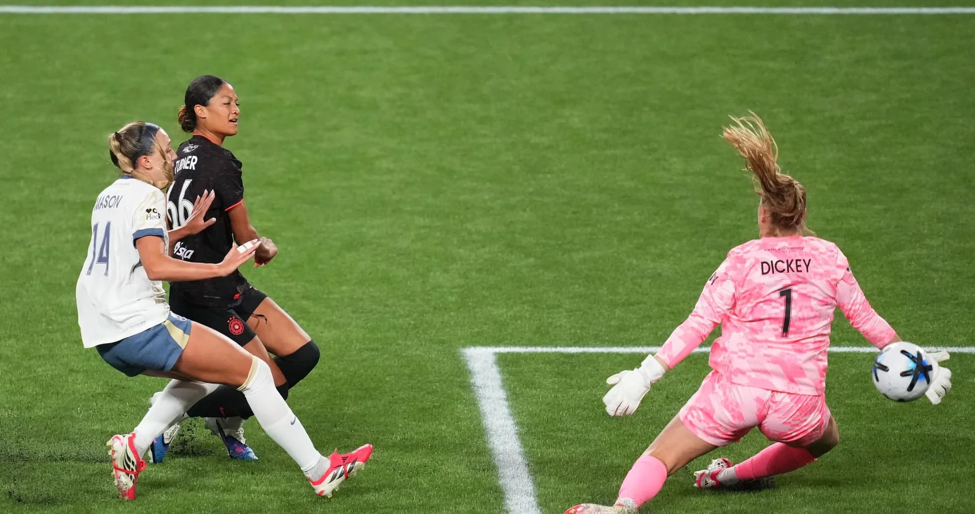 Portland Thorns W player challenging Houston Dash W goalkeeper