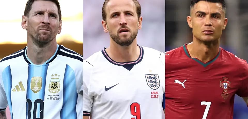Messi, Kane, and Ronaldo in national team jerseys