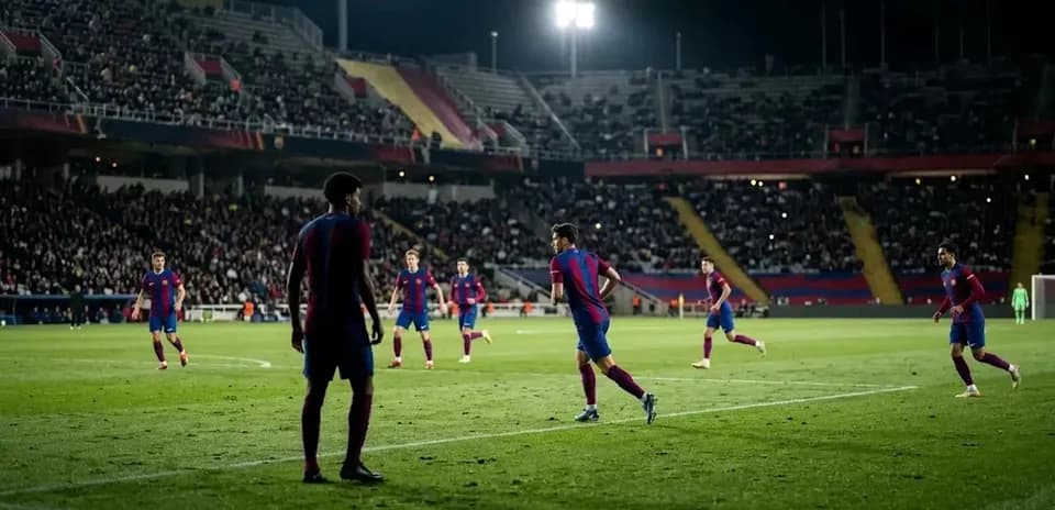Barcelona players on the pitch during a night match