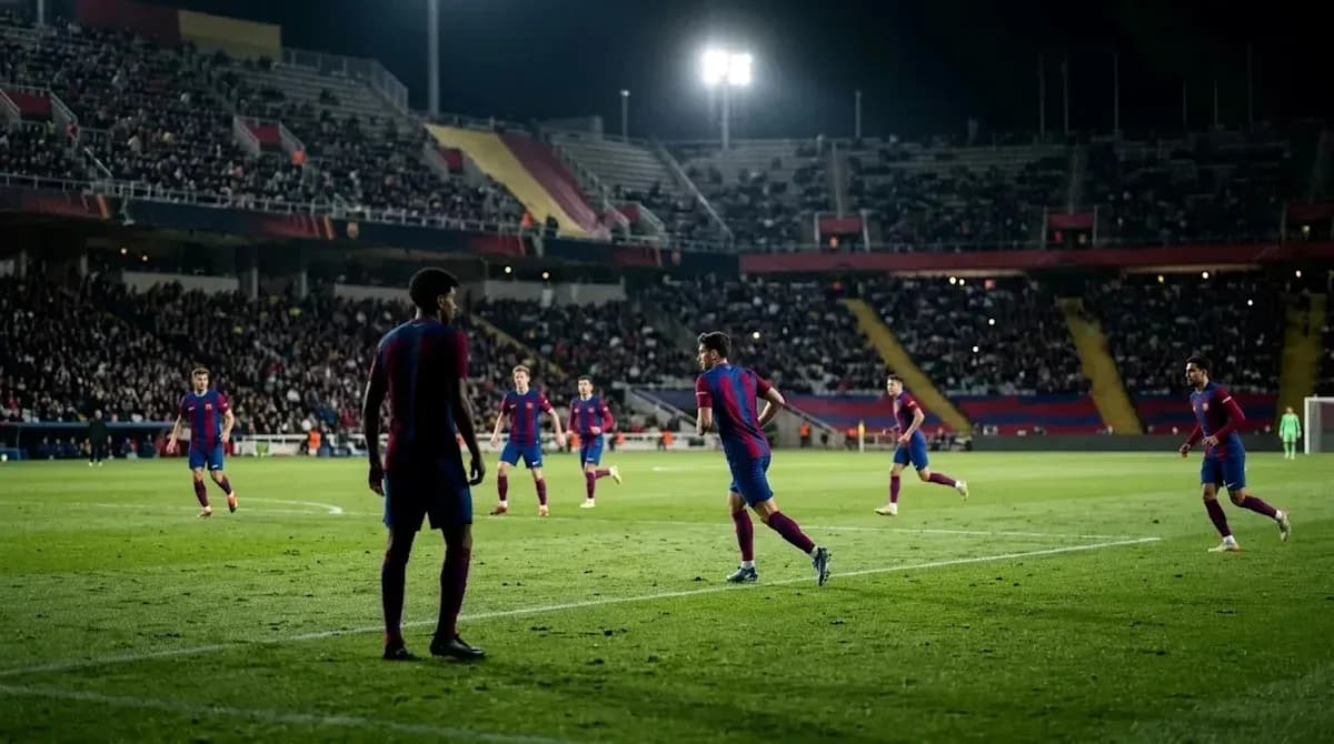 Barcelona players on the pitch during a night match