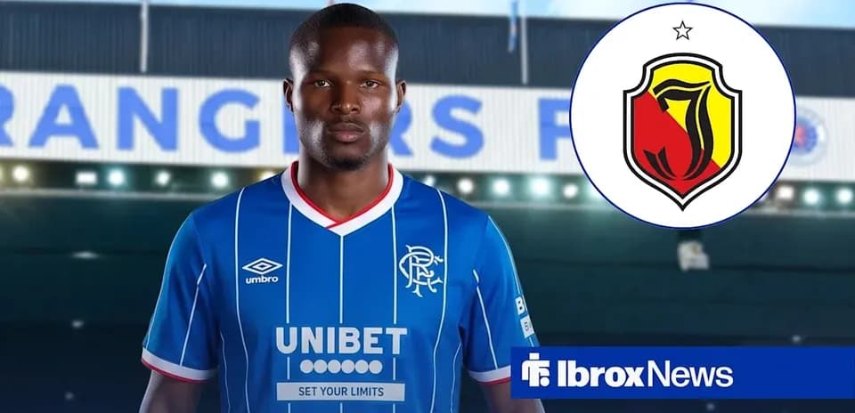 Player in Rangers kit with club logos displayed