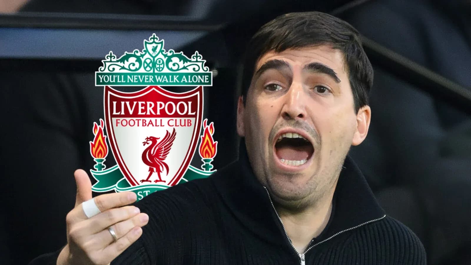 Coach gesturing passionately with Liverpool logo behind