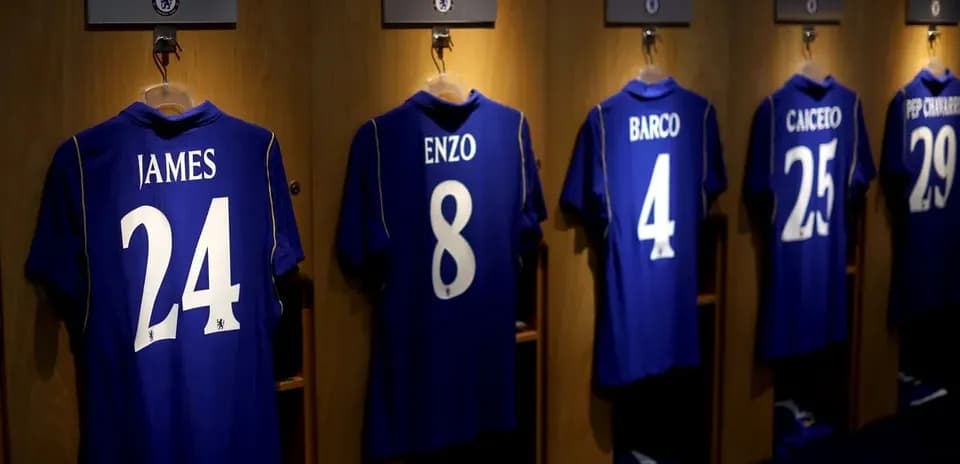 Chelsea jerseys displayed in player lockers