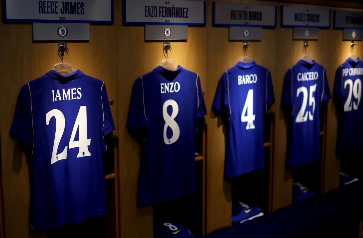 Chelsea jerseys displayed in player lockers