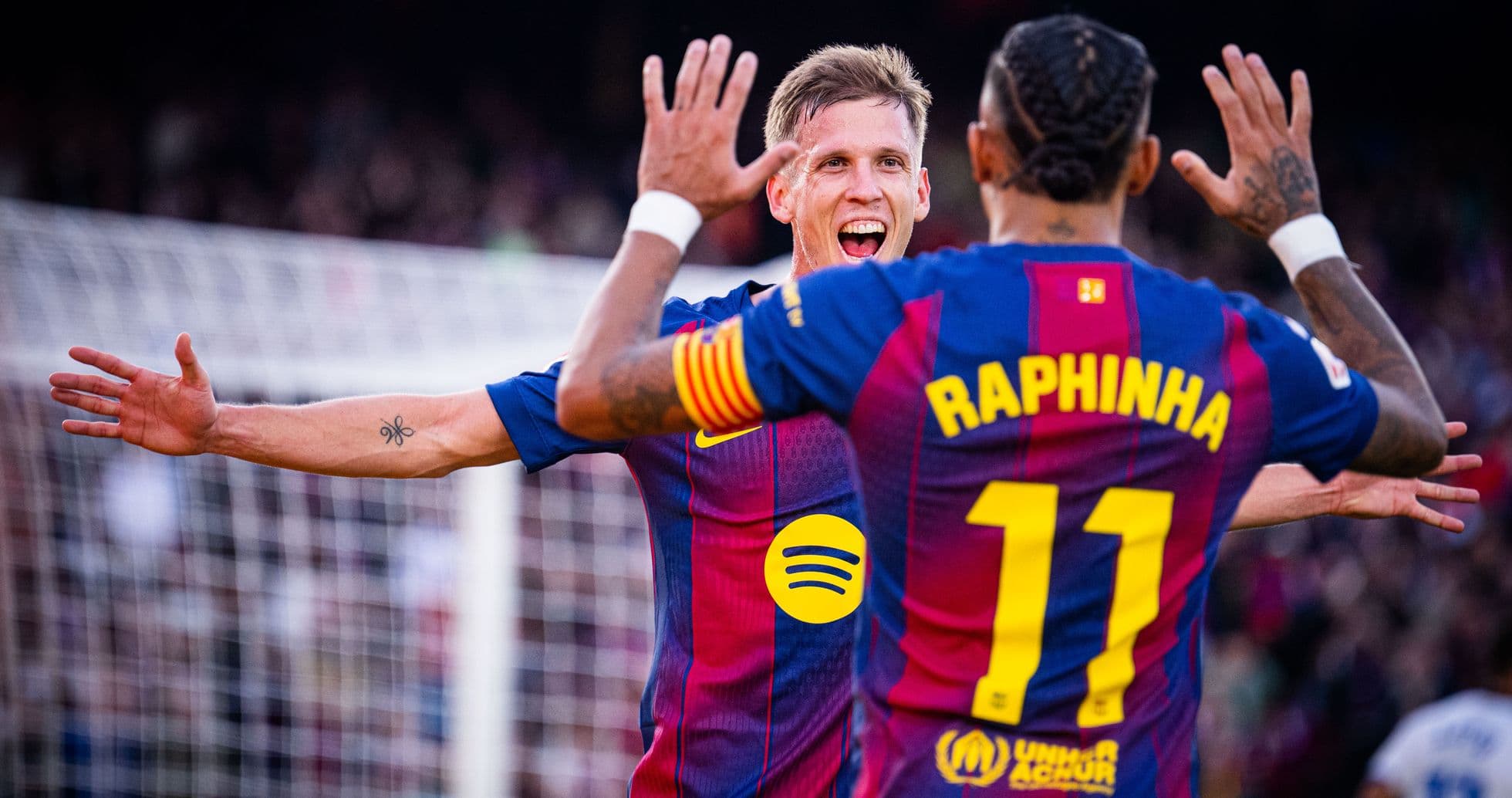 Barcelona players celebrating a goal during match