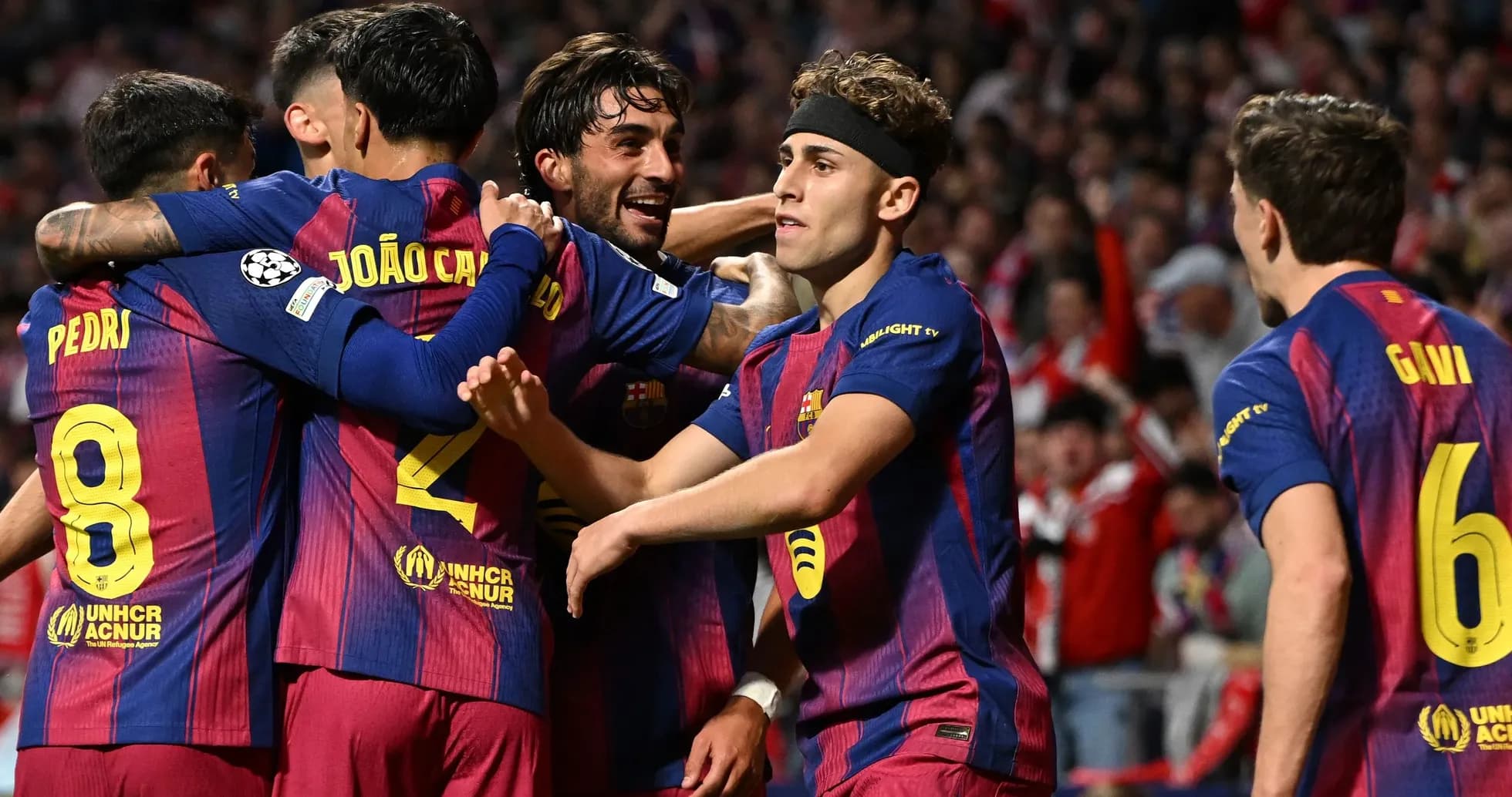 Barcelona players celebrating a goal together