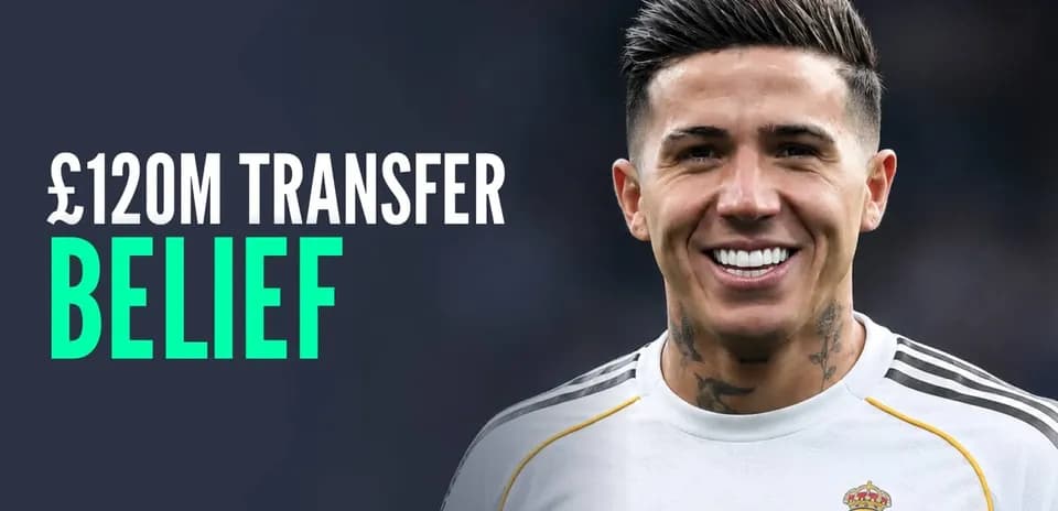 Player smiling in Real Madrid kit with transfer text