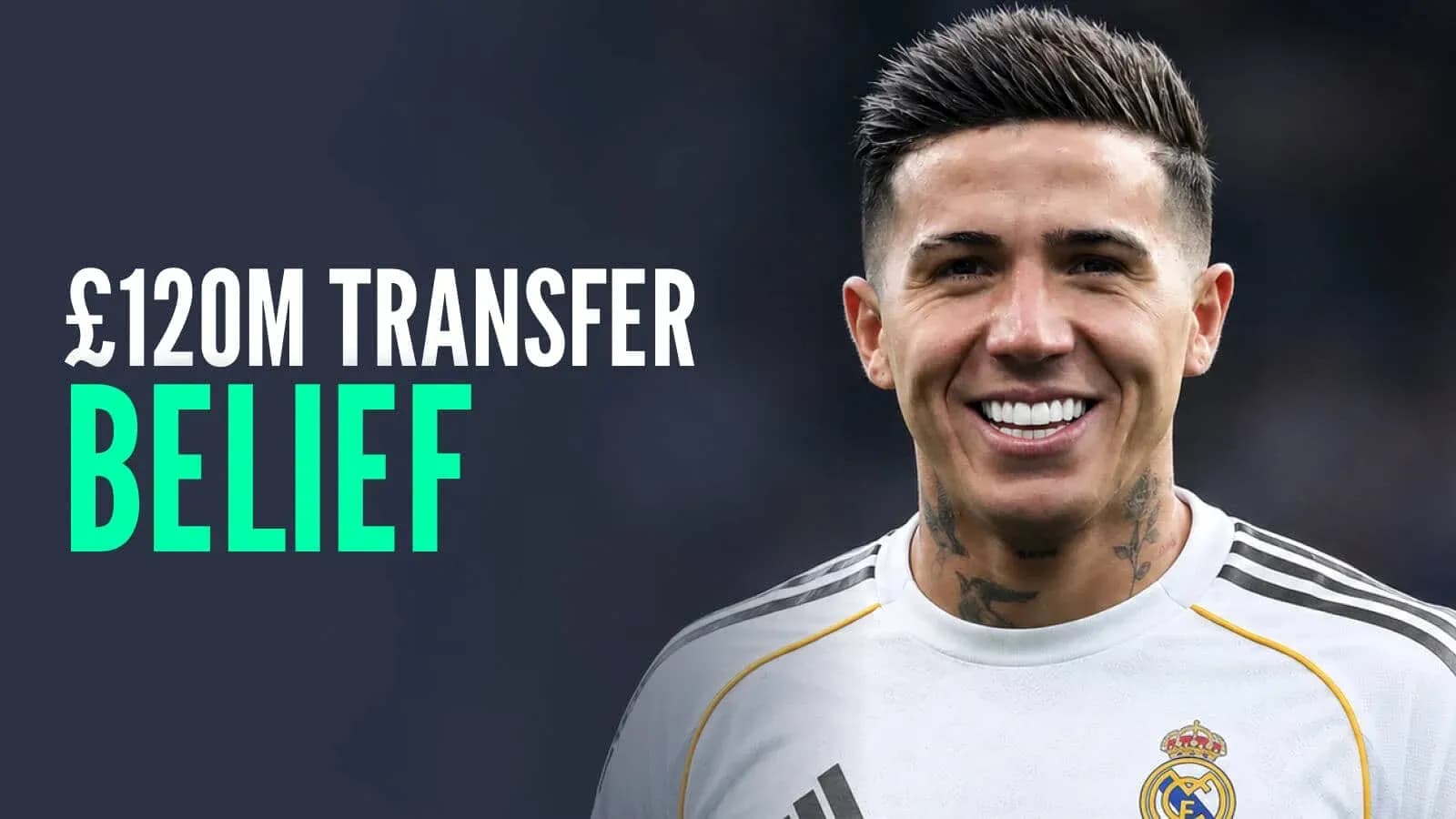 Player smiling in Real Madrid kit with transfer text