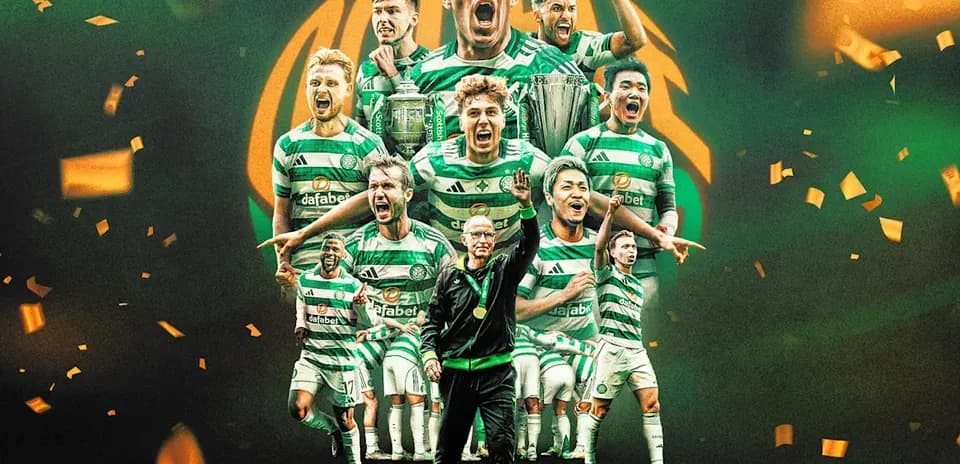 Celtic FC players celebrating with trophies and confetti