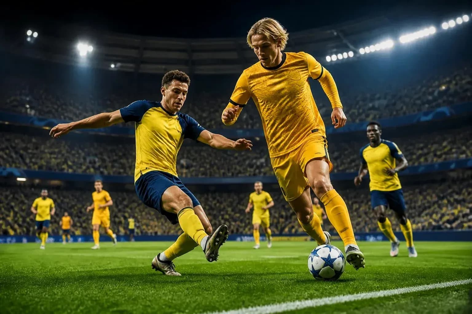 Players competing for the ball in UEFA match