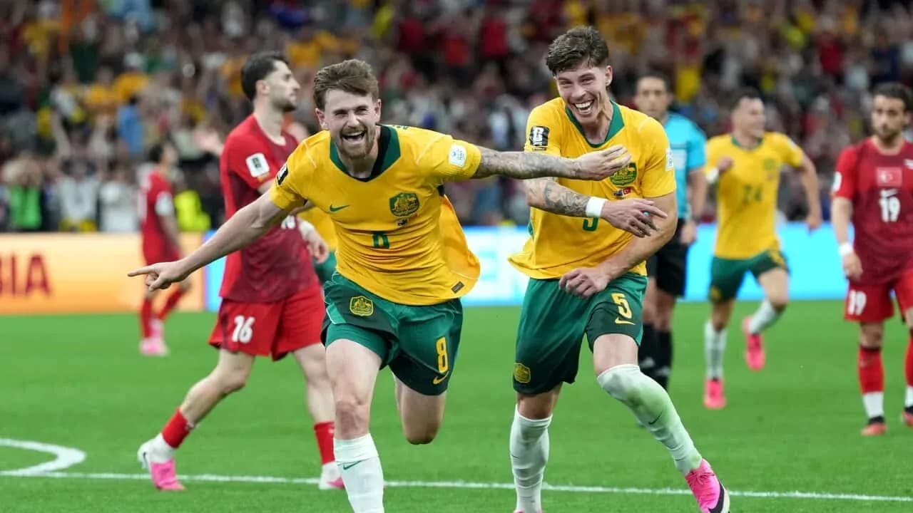 Australian players celebrating a goal during match