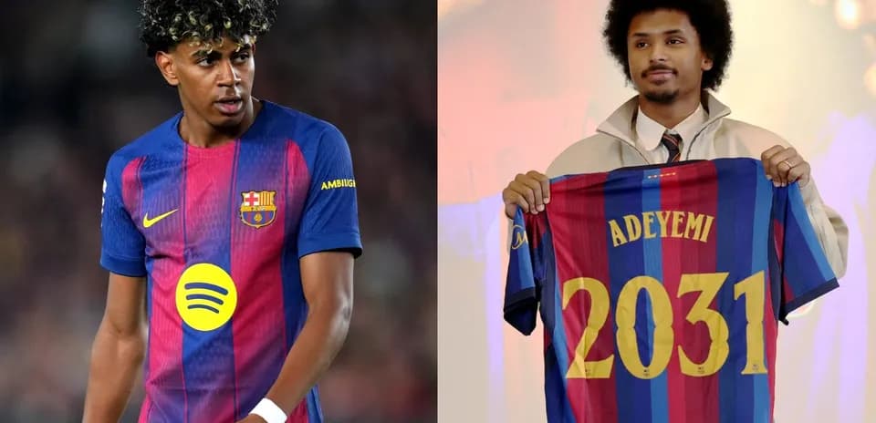 Two players in Barcelona jerseys, one holding a shirt
