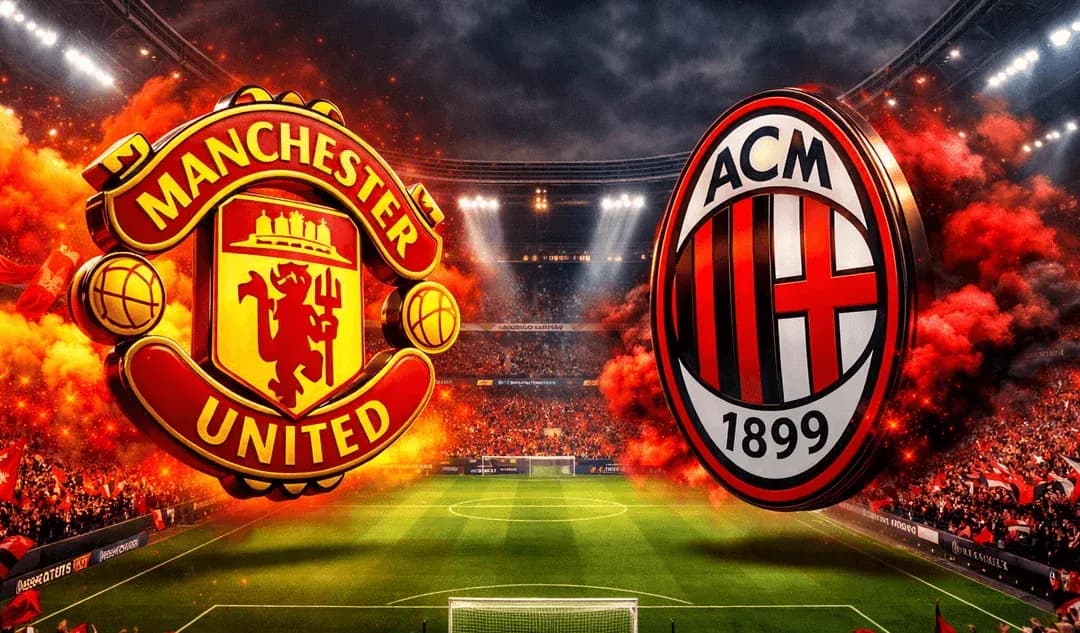 Logos of Manchester United and AC Milan with stadium background