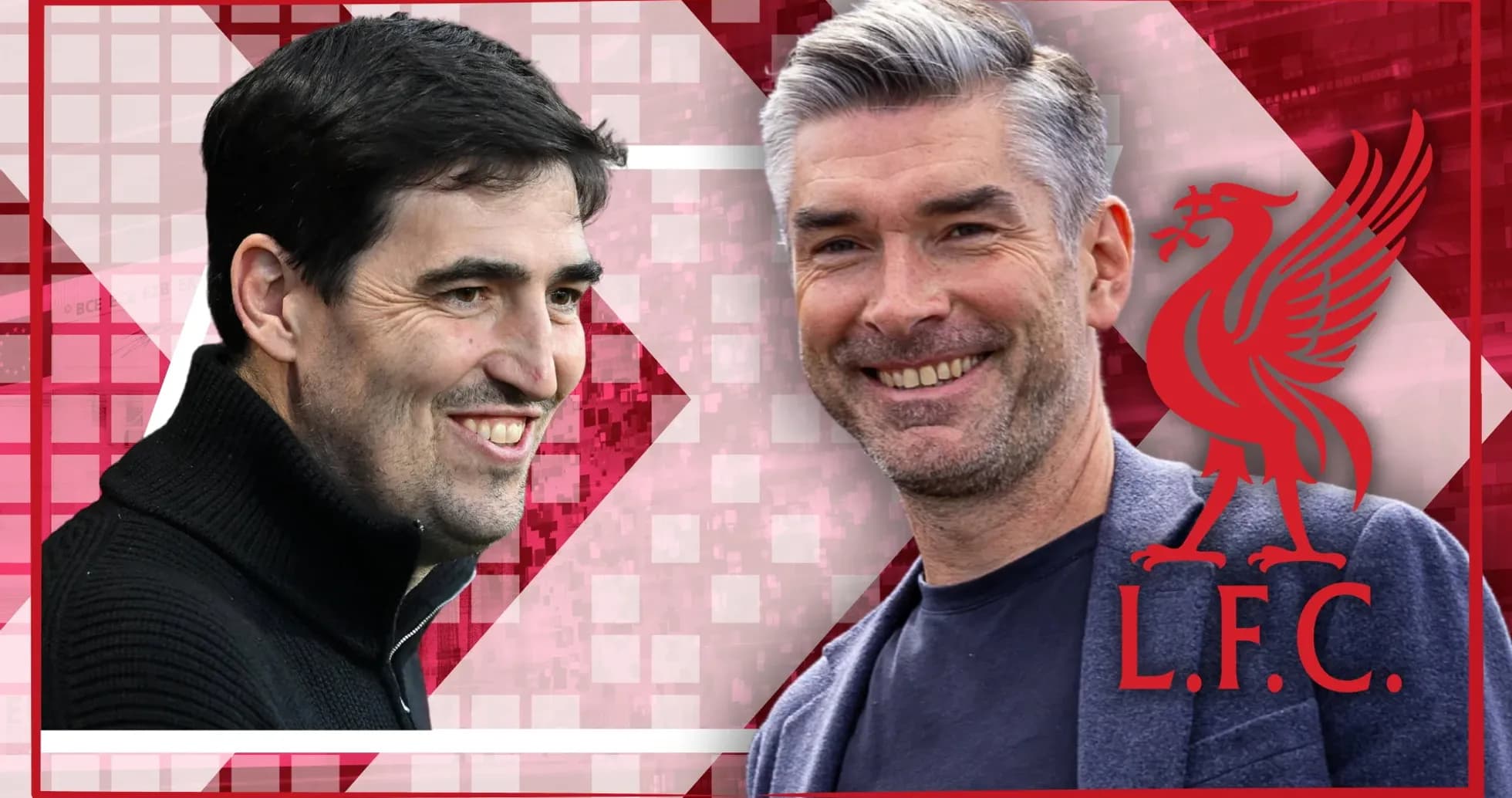 Two football coaches smiling against a red background