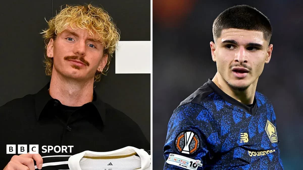 Two football players posing and in action
