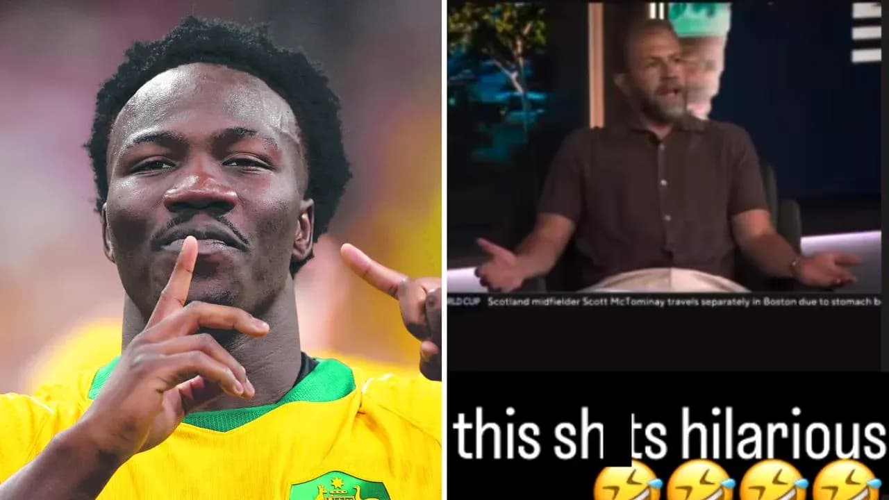 Athlete celebrating goal alongside a talk show host