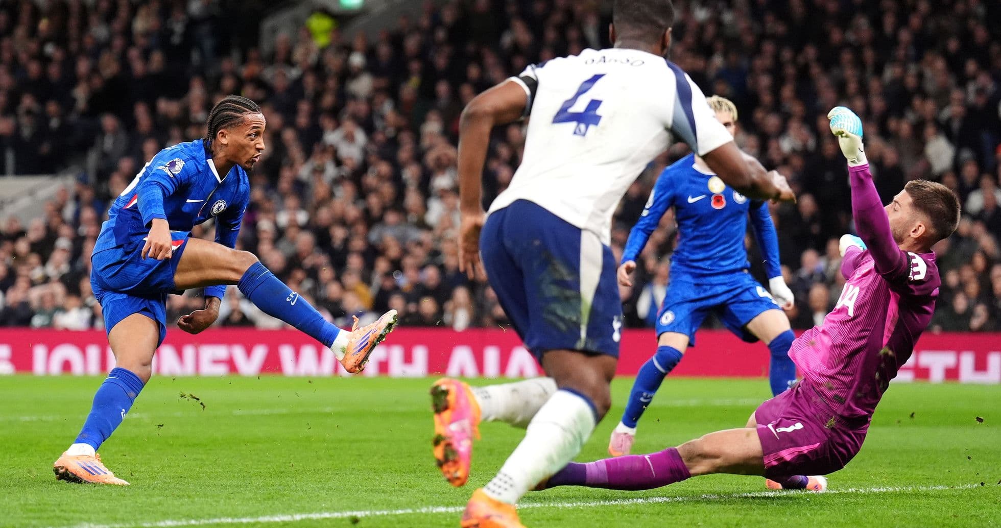 Chelsea player shooting on goal against Tottenham
