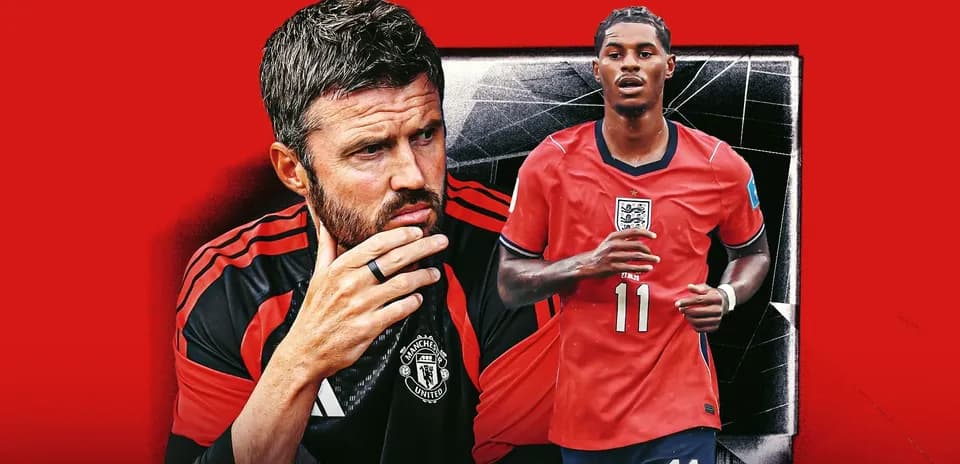 Coach and player in England football kit on red background