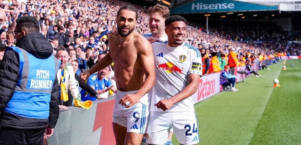 Leeds players celebrating after a goal