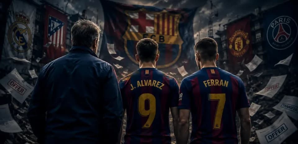 Barcelona players J. Alvarez and Ferran with manager
