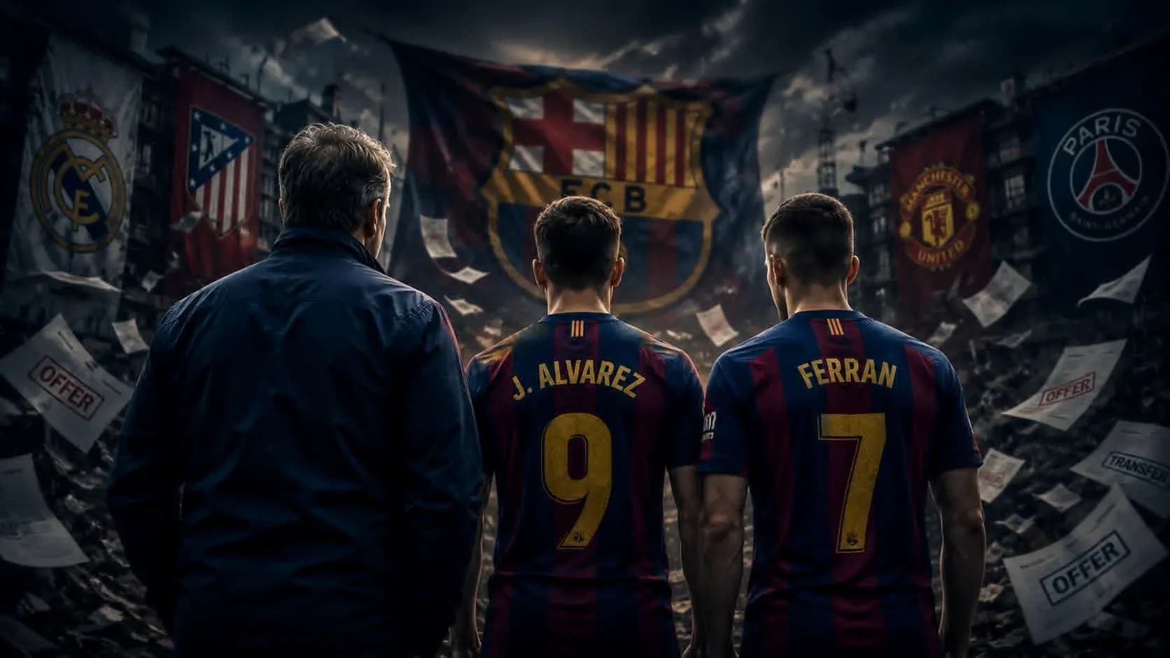 Barcelona players J. Alvarez and Ferran with manager