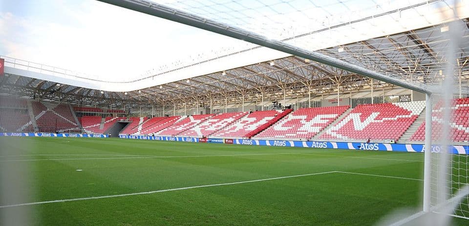 View of empty stadium from behind the goal