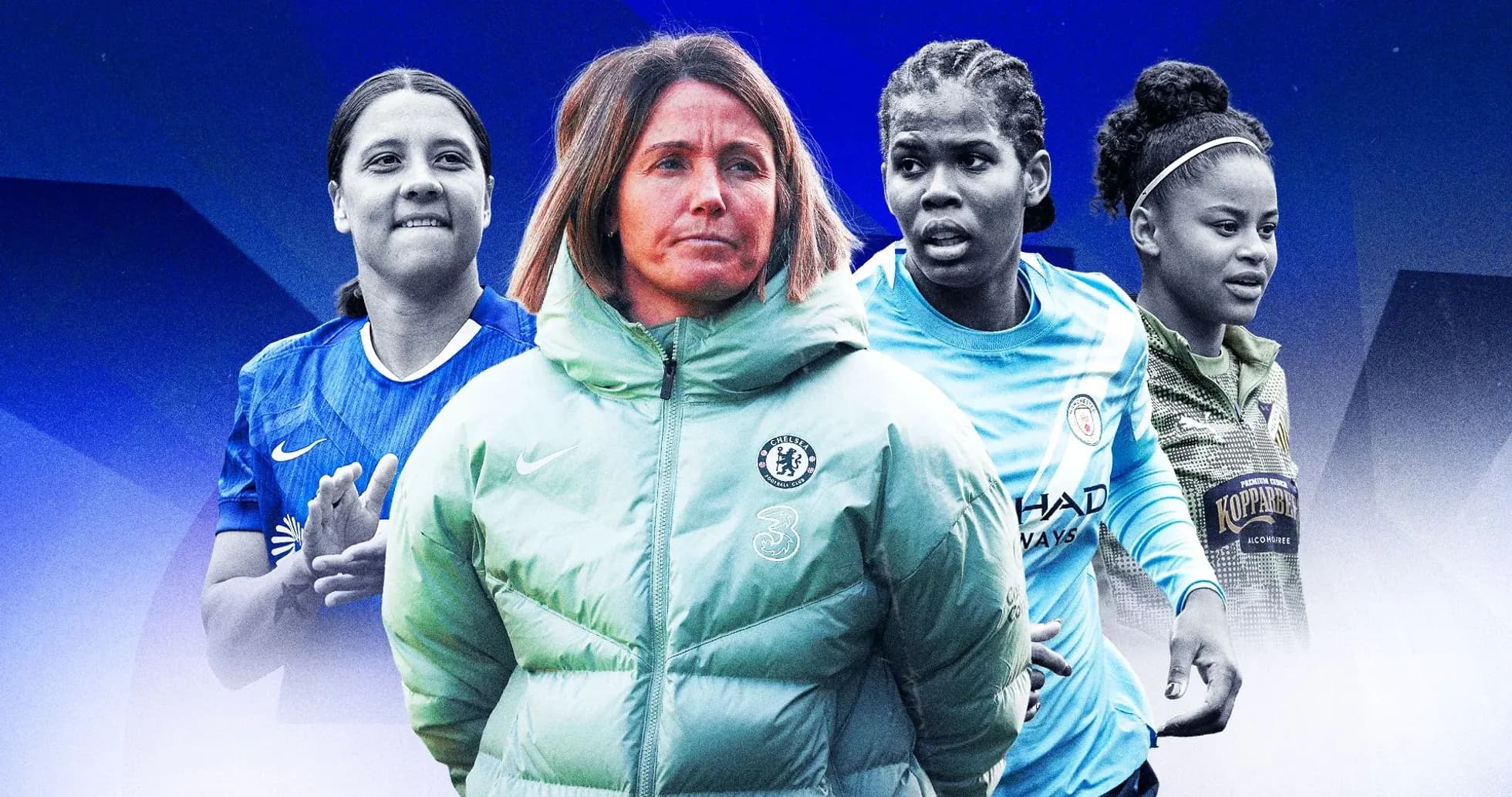 Four women footballers and a coach in action