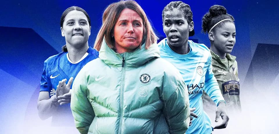 Four women footballers and a coach in action