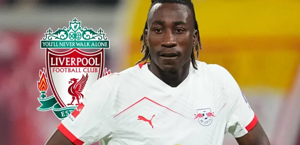 Player in RB Leipzig kit with Liverpool logo background