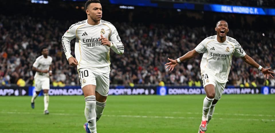 Kylian Mbappé celebrating a goal for Real Madrid
