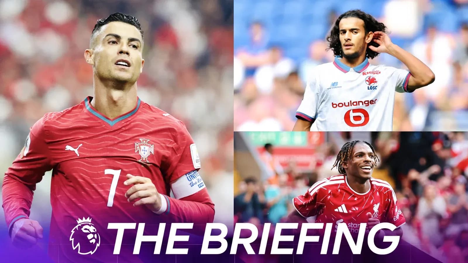 Three football players from different teams in action