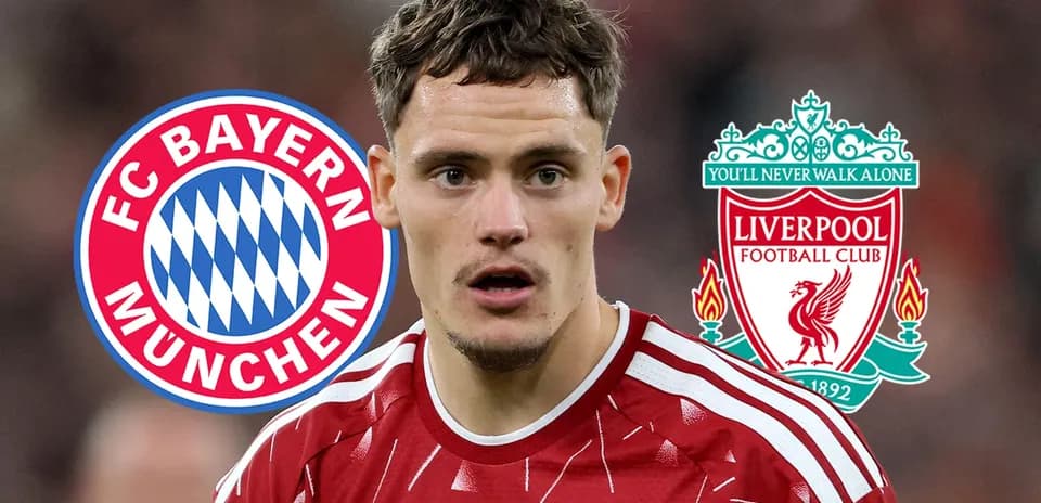 Player with Liverpool and Bayern Munich logos in background