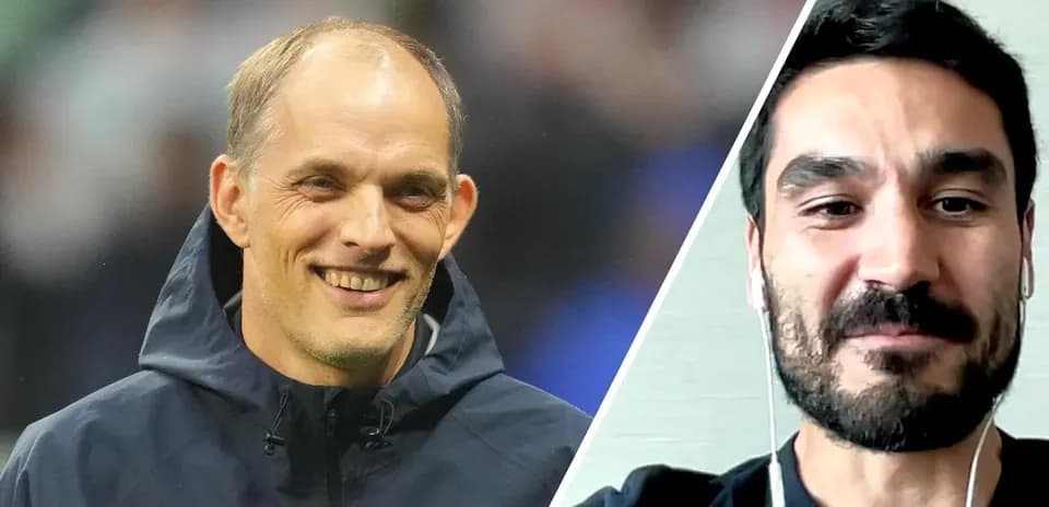 Thomas Tuchel and Ilkay Gündogan smiling in split image
