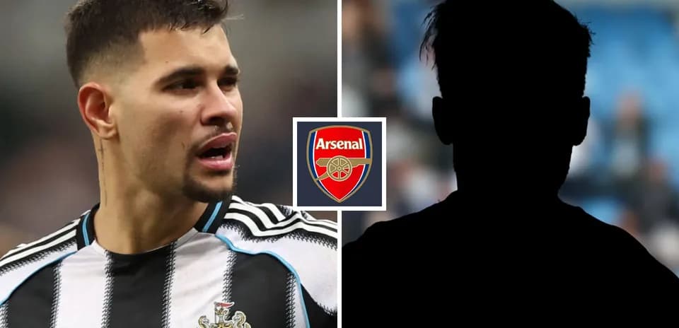 Newcastle player speaking with Arsenal logo overlay