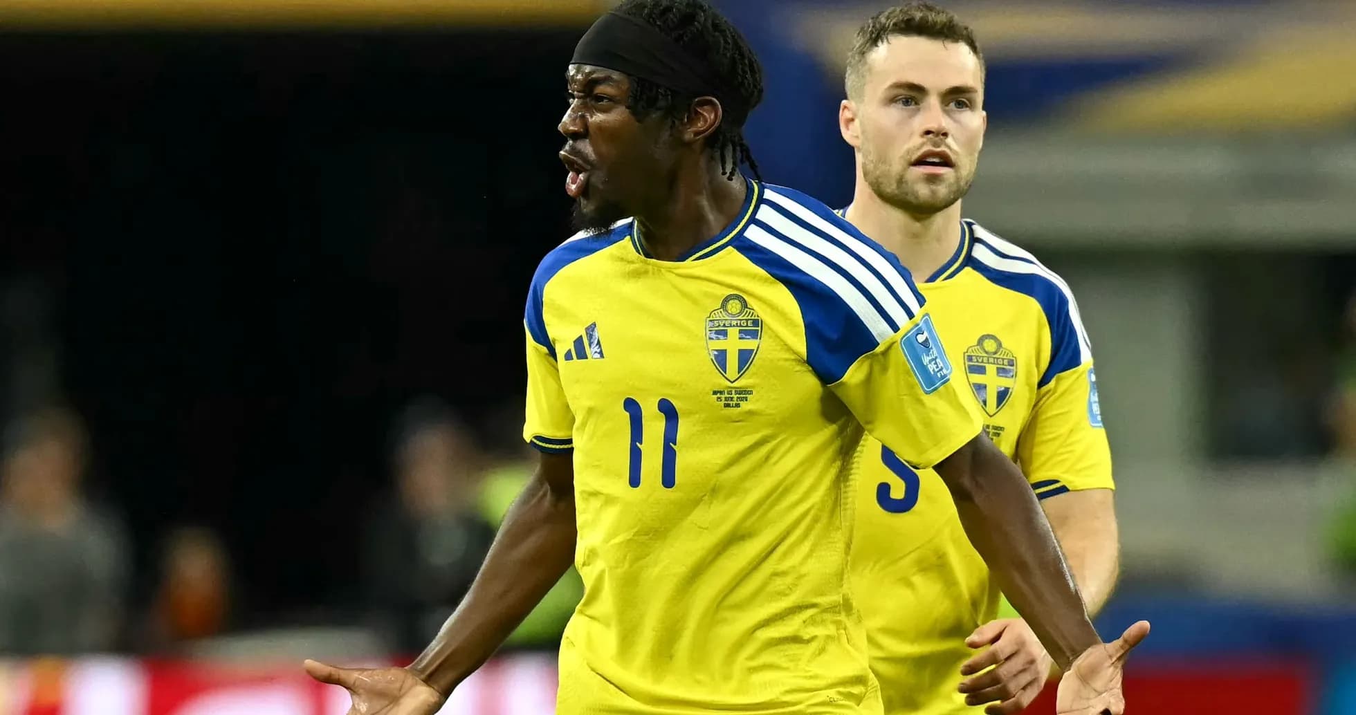 Swedish players celebrating during a football match