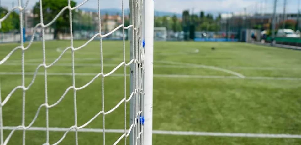 Soccer goalpost and net on grassy field