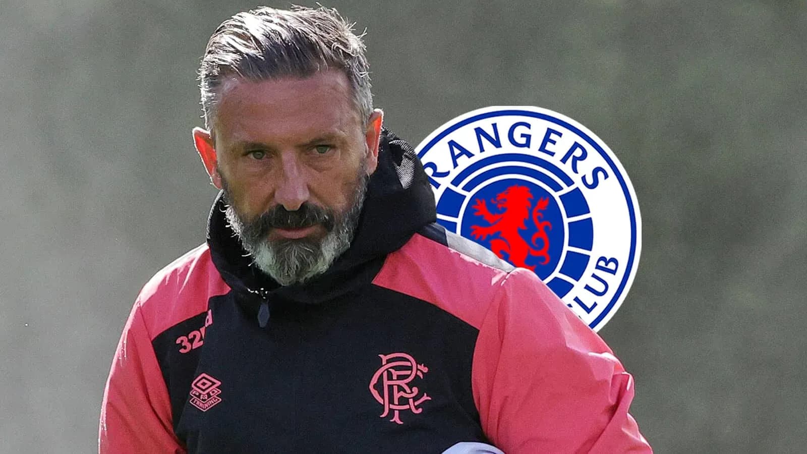 Coach in training gear with Rangers logo background