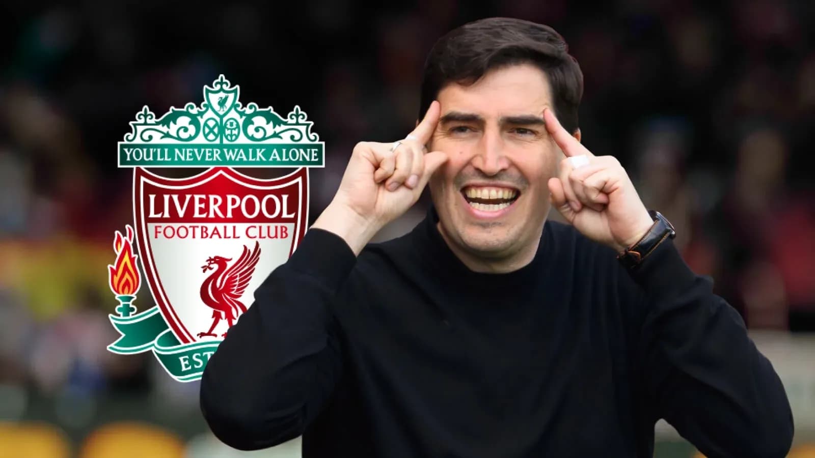 Coach gesturing with Liverpool FC logo in background