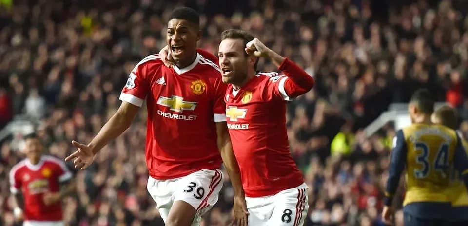 Manchester United players celebrating a goal at Old Trafford