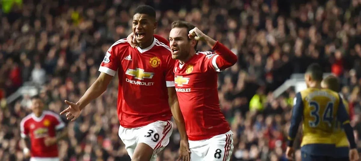 Manchester United players celebrating a goal at Old Trafford
